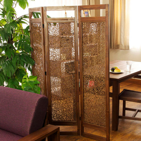 籐 スクリーン 3連 アジアンテイスト チーク材フレーム 高さ160cm