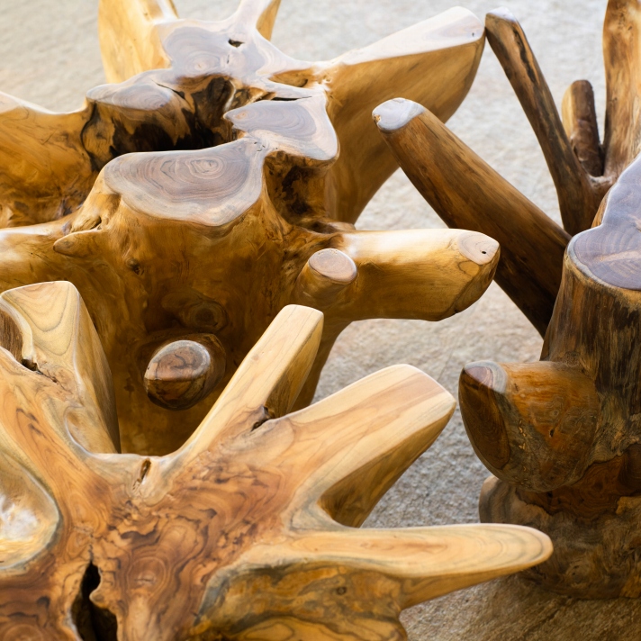 チーク無垢材 原木ローテーブル 切り株テーブル 無垢 木の根 ガラス天