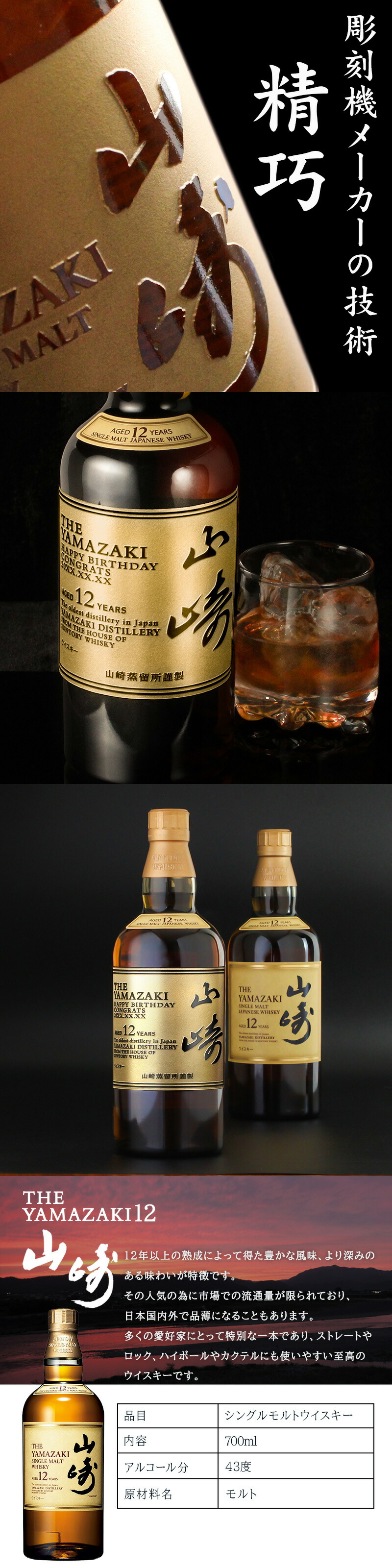 サントリー シングルモルトウイスキー 山崎 山崎12年 名入れ お酒 酒
