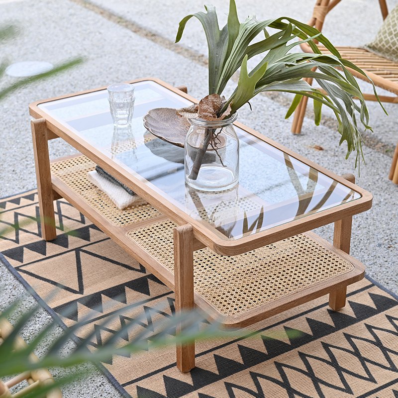 昭和レトロ エスニック ラタン ガラス天板 座卓 センターテーブル ロー