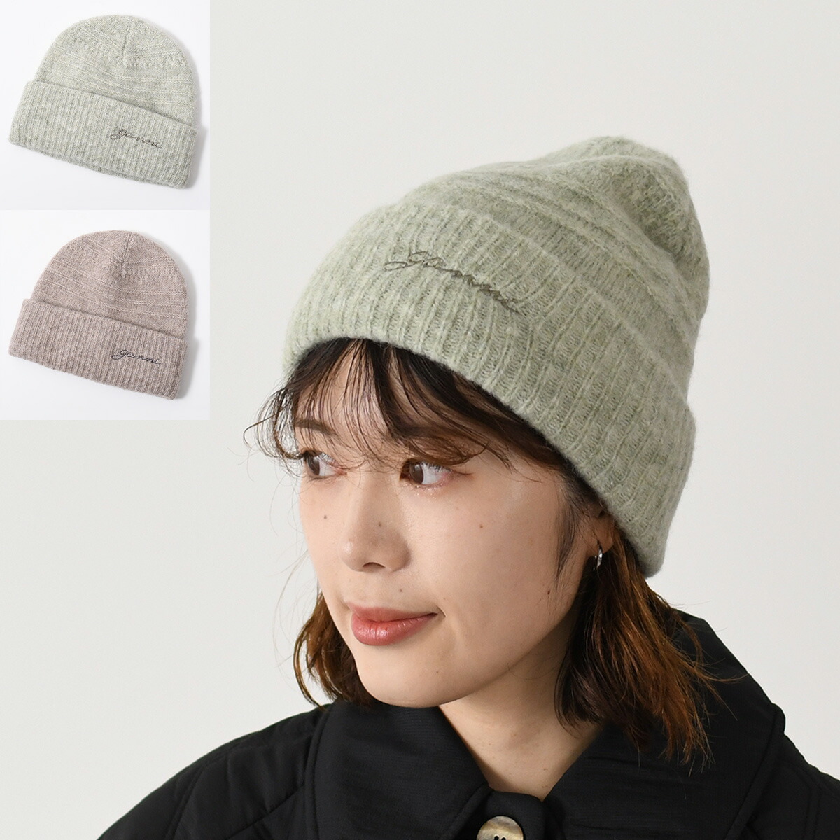 GANNI（ガニー） ニット帽 帽子 ロゴ リブ ビーニー A4429 レディース