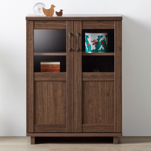 キャビネット 扉収納 木目調 ダークブラウン 木製 幅115 高さ78 薄型