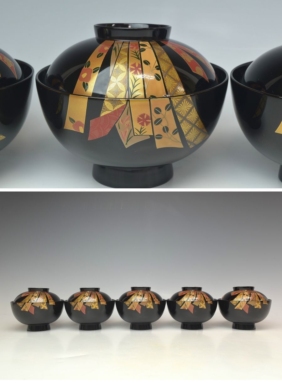 趣楽】 高級漆器 輪島塗 熨斗蒔絵吸物椀五客 共箱 H1601 : 趣楽堂