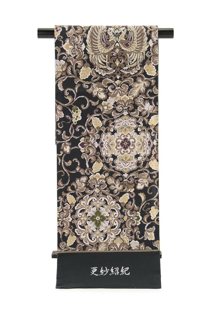 未仕立て】袋帯 焦灰色 ダークグレー 葡萄唐草 唐花 向かい鳥 更紗