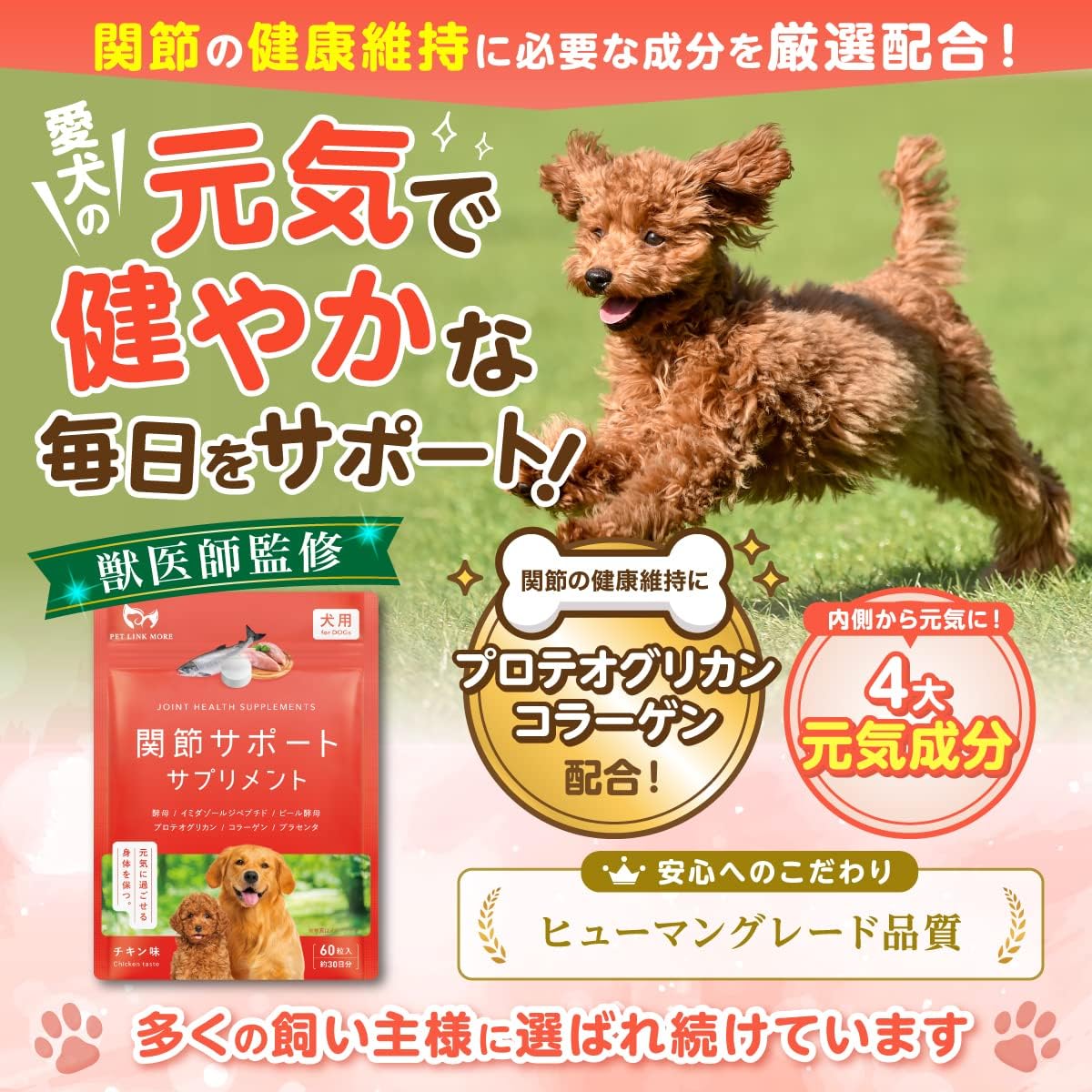 犬用 脚 関節 サポート サプリ 30日分 錠剤 PETLINKMORE ペット