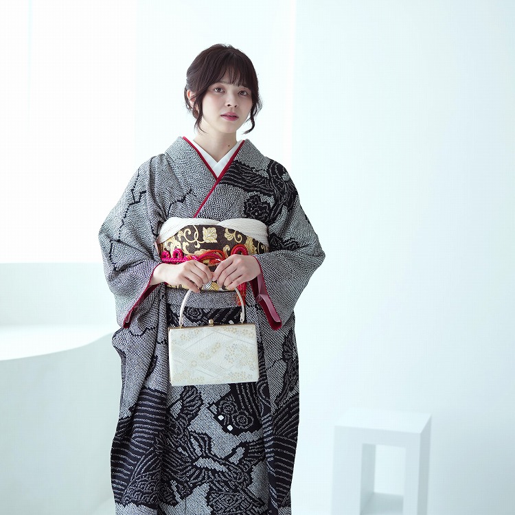 振袖 レンタル 成人式 21点セット レトロ 成人式セット 黒系 正絹 前