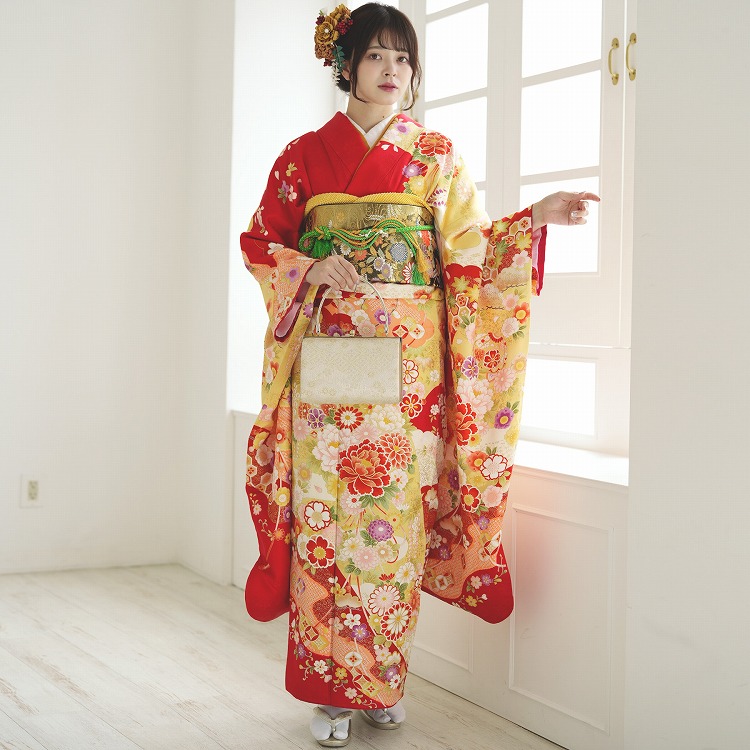 振袖 レンタル 成人式 21点セット レトロ 成人式セット 花 赤系 正絹