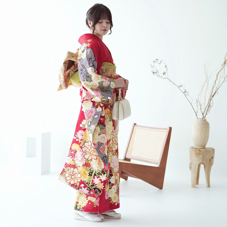 振袖 レンタル 成人式 21点セット レトロ 成人式セット 花 赤系 正絹