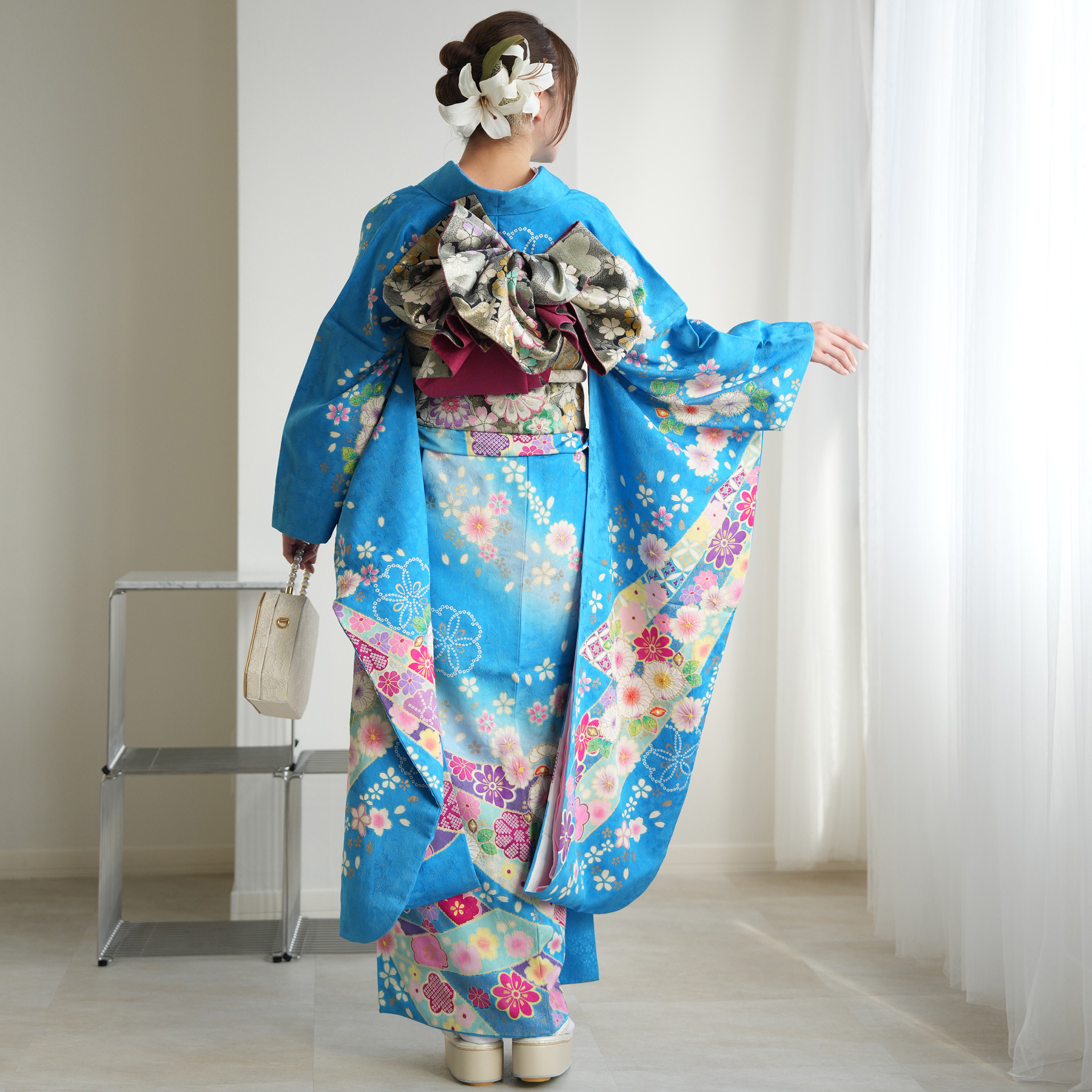 振袖 レンタル 成人式 21点セット レトロ 成人式セット 花 水色系 正絹