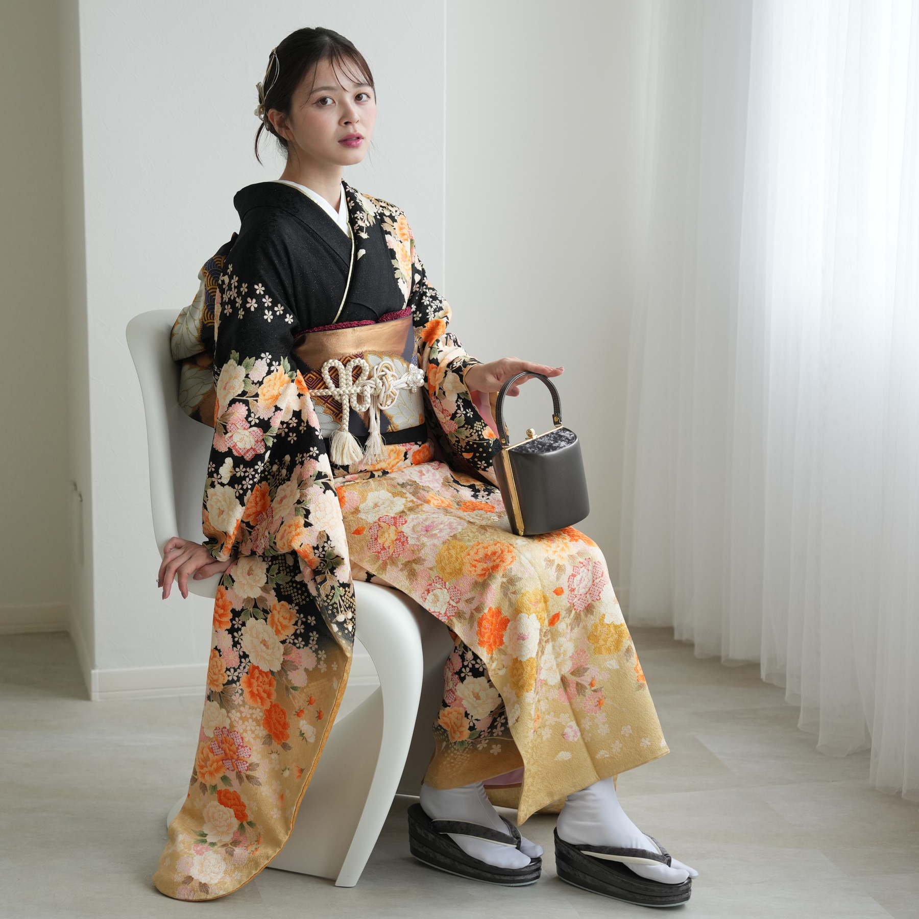 振袖 レンタル 成人式 21点セット レトロ 成人式セット 花 黒系 正絹