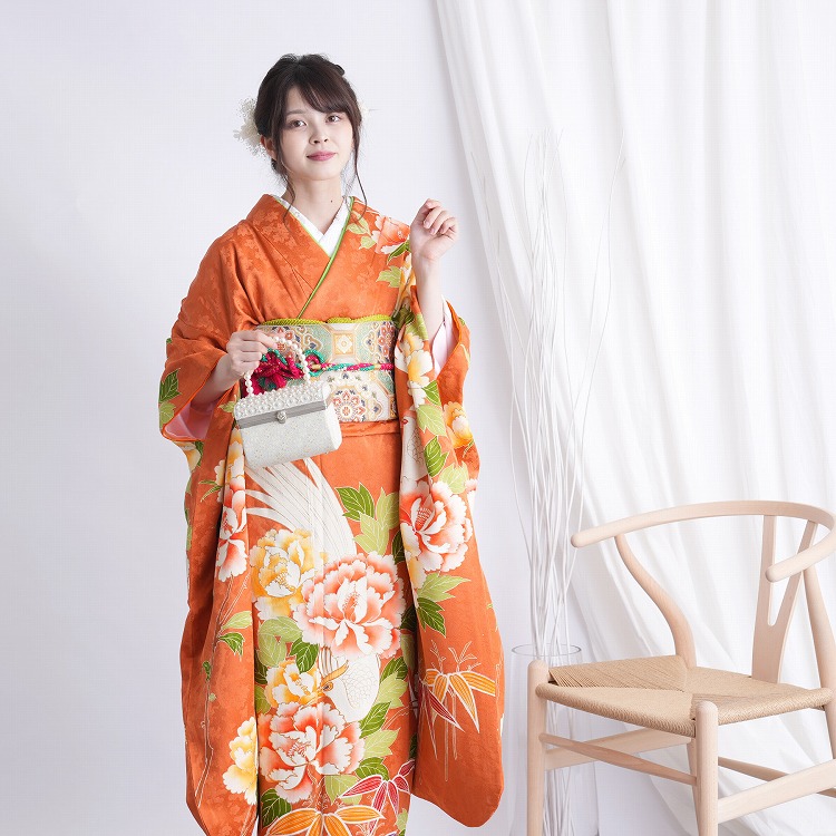 オレンジ 振袖フルセット 正絹 振袖 レンタル 成人式 21点セット