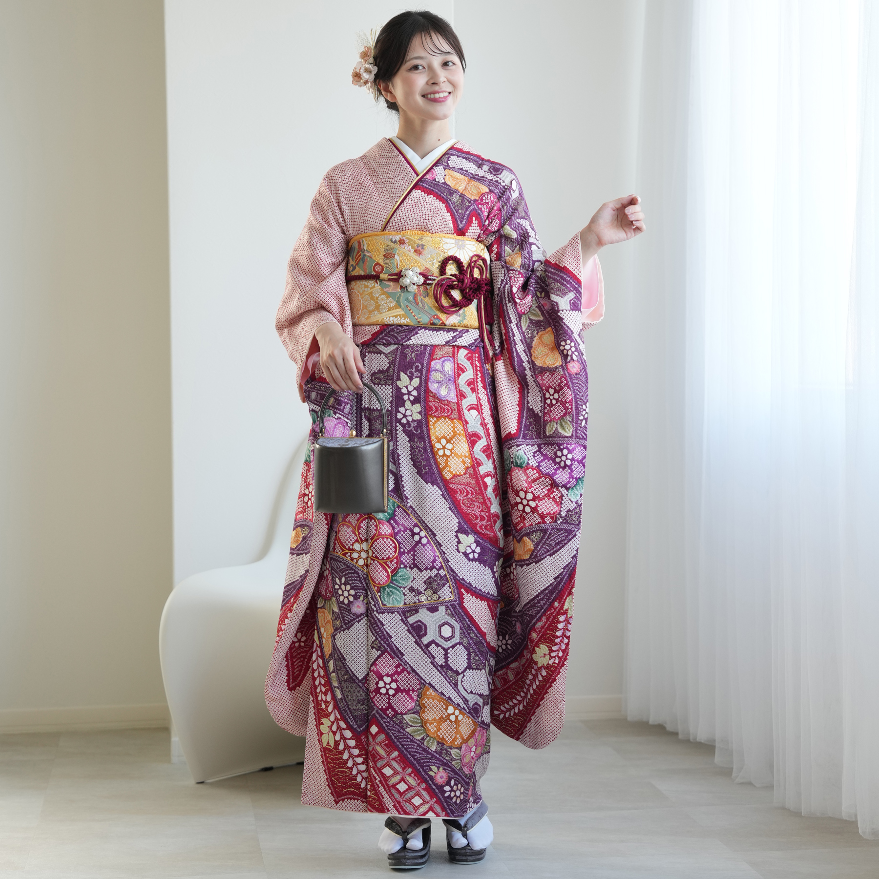 振袖 レンタル 成人式 21点セット レトロ 振袖セット 花 紫 赤 正絹