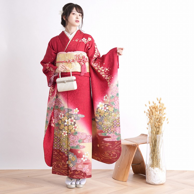 振袖 レンタル 成人式 21点セット レトロ 成人式セット 花 赤 正絹