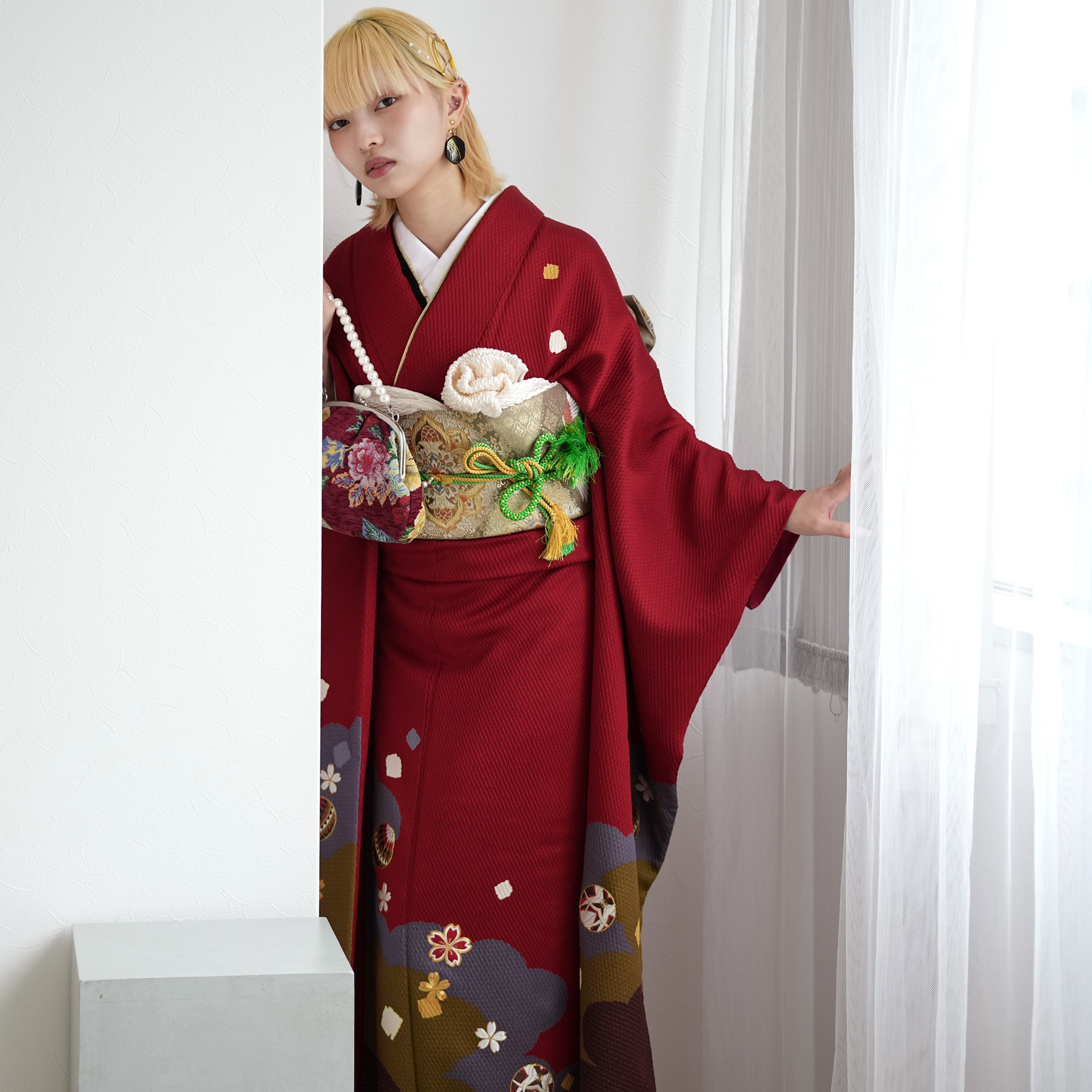 色無地 暗めの赤！成人式振袖7点セット丈161cm帯新品帯揚げフルセットYD73