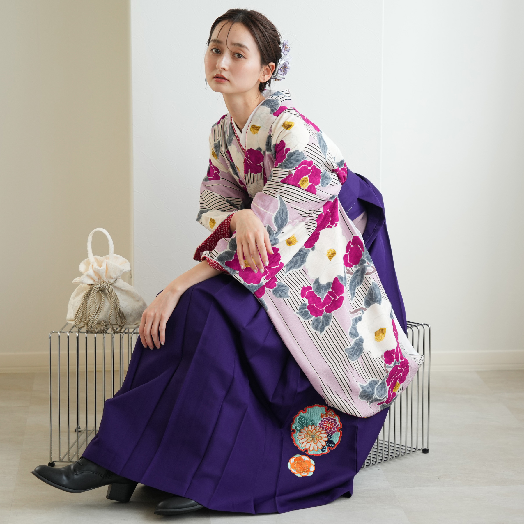 2尺袖 ポリエステル着物 九重 袴用 椿 大正ロマン調 2尺袖 ポリエステル