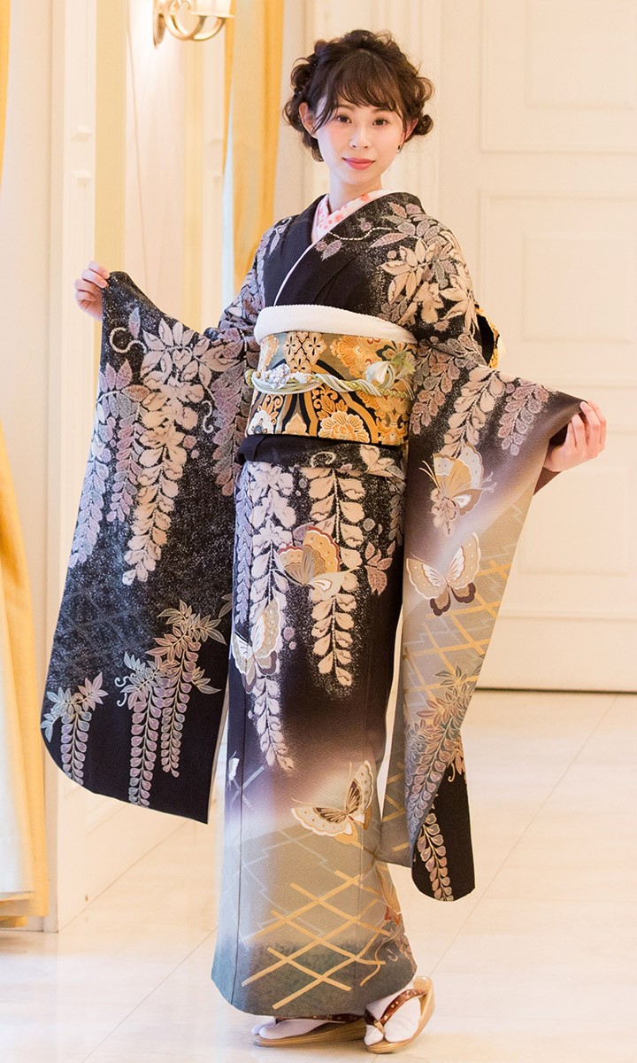 高級正絹 振袖レンタル 送料無料 FS-011 黒系 振袖 成人式 レンタル