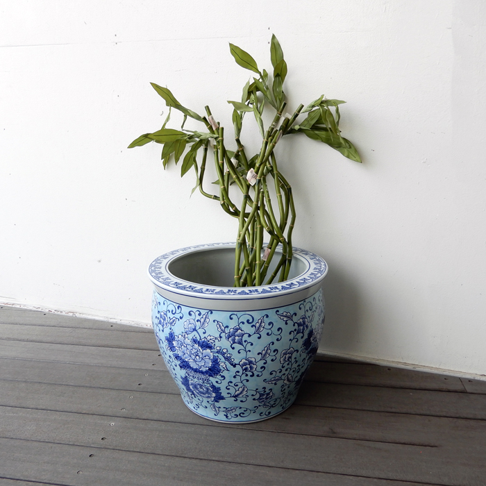 染付唐獅子牡丹花鳥図火鉢(直径約40.5cm) 火鉢 メダカ鉢 金魚鉢 染付