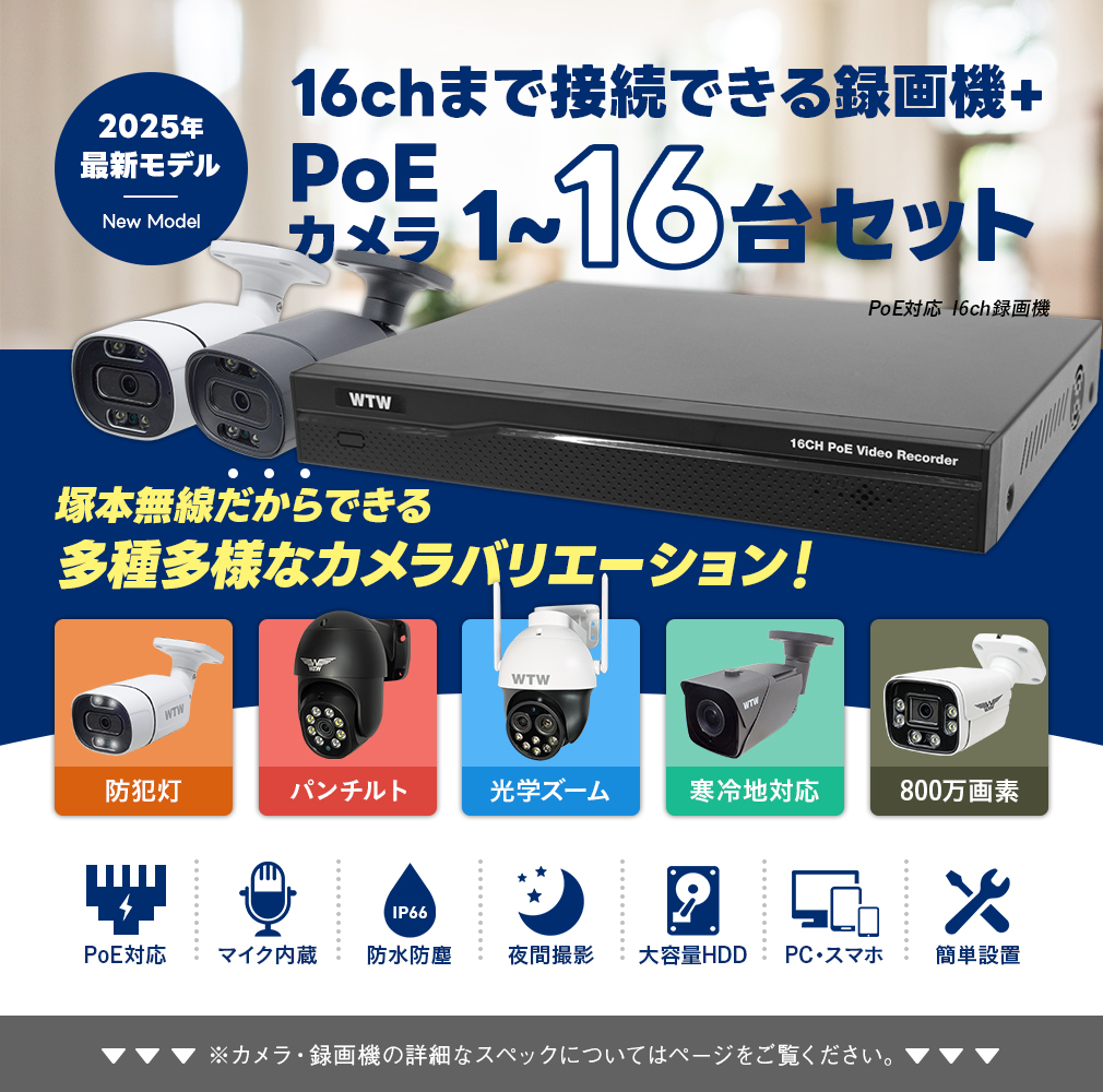 WTW 塚本無線 防犯カメラ 屋外 屋内 室内 監視カメラ 1〜16台 録画機