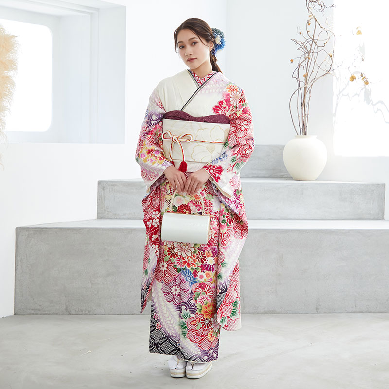 振袖 レンタル 成人式 結婚式 白 疋田牡丹に花車(絹)12月〜1月利用