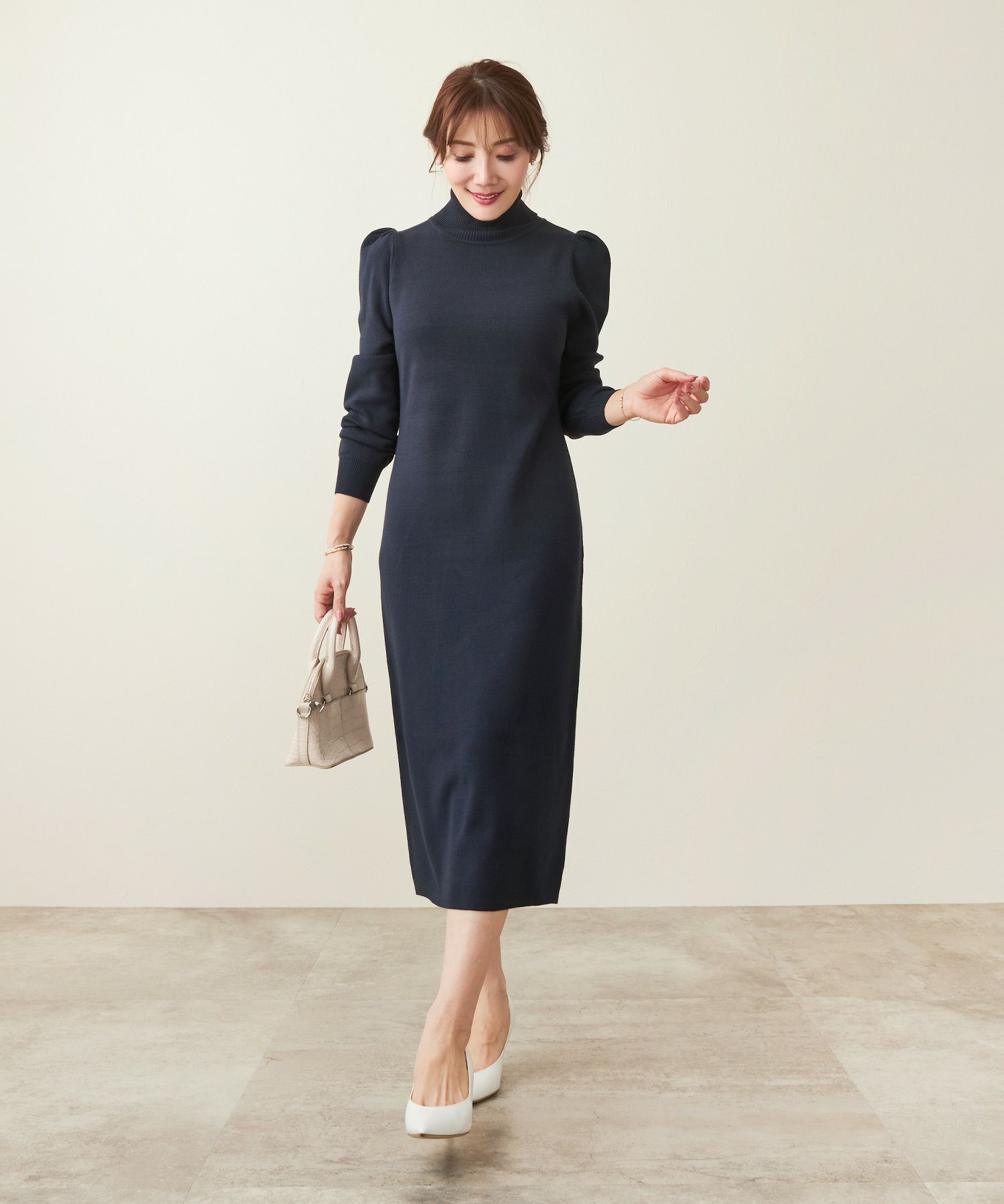 タートルネック 肩ギャザー入り ニット ワンピース Liala×PG 全3色