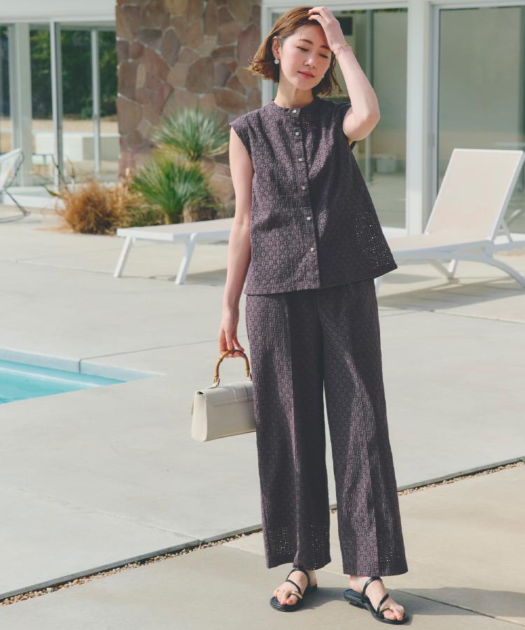 ピンクハウス ボトムス ワイドパンツ ガウチョ 総カットワーク刺繍 裾