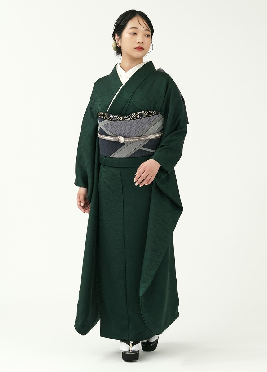 509z15.509y14.小物〇色無地 中振袖 桜 地紋 深緑 嘘つき袖付き〇