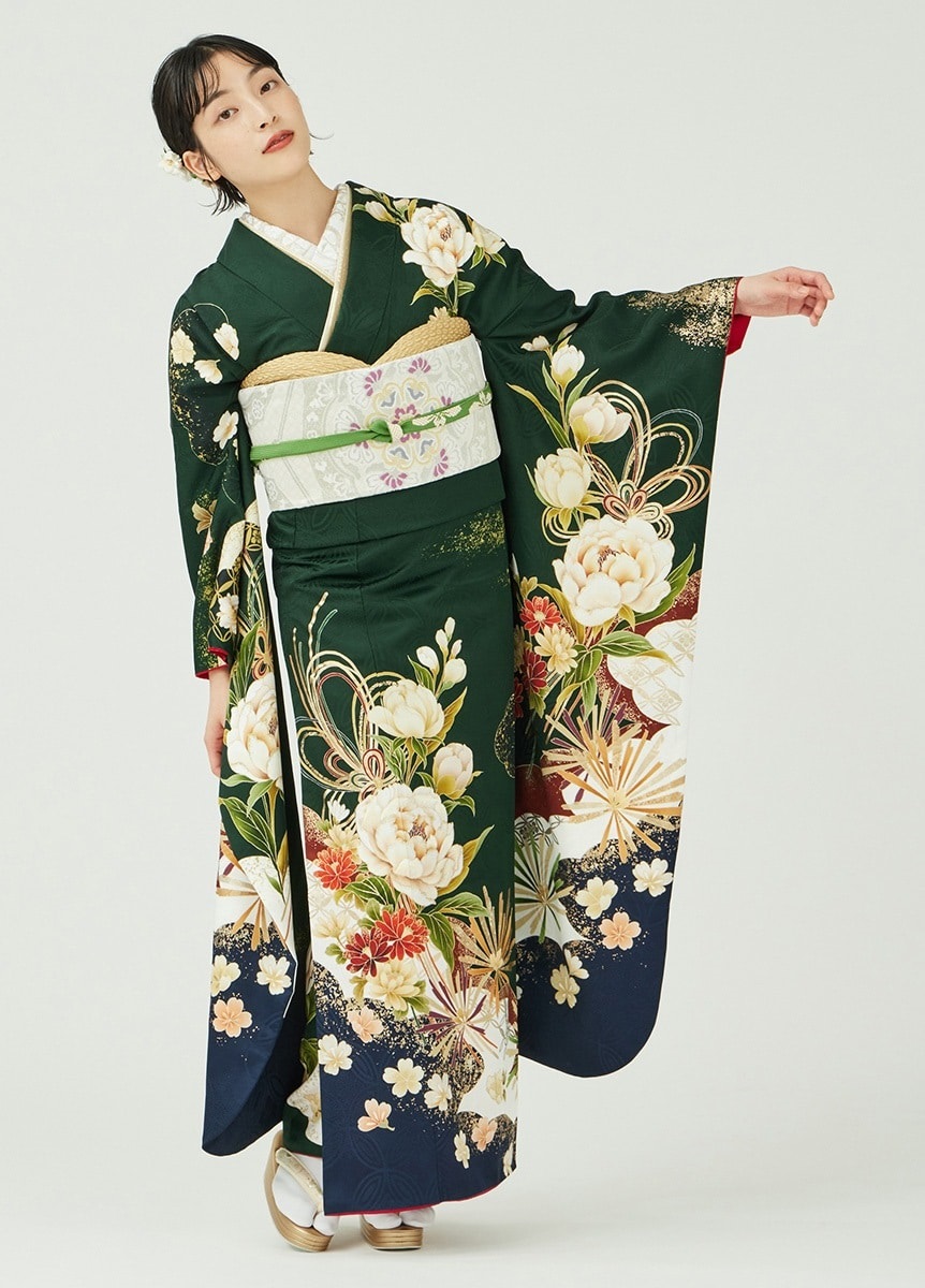 8/17迄 白地のクールな青緑色の梅の振袖フルセット 8/17迄 白地の