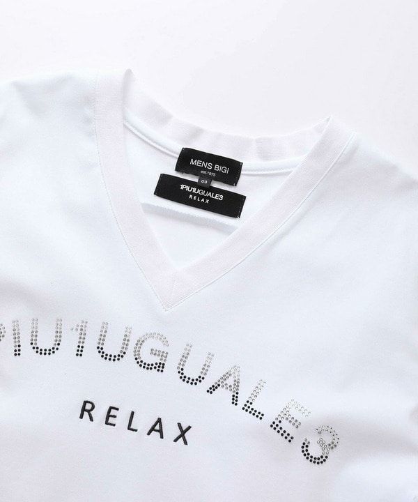 1PIU1UGUALE3 RELAX】別注 ロゴラインストーンTシャツ｜メンズ