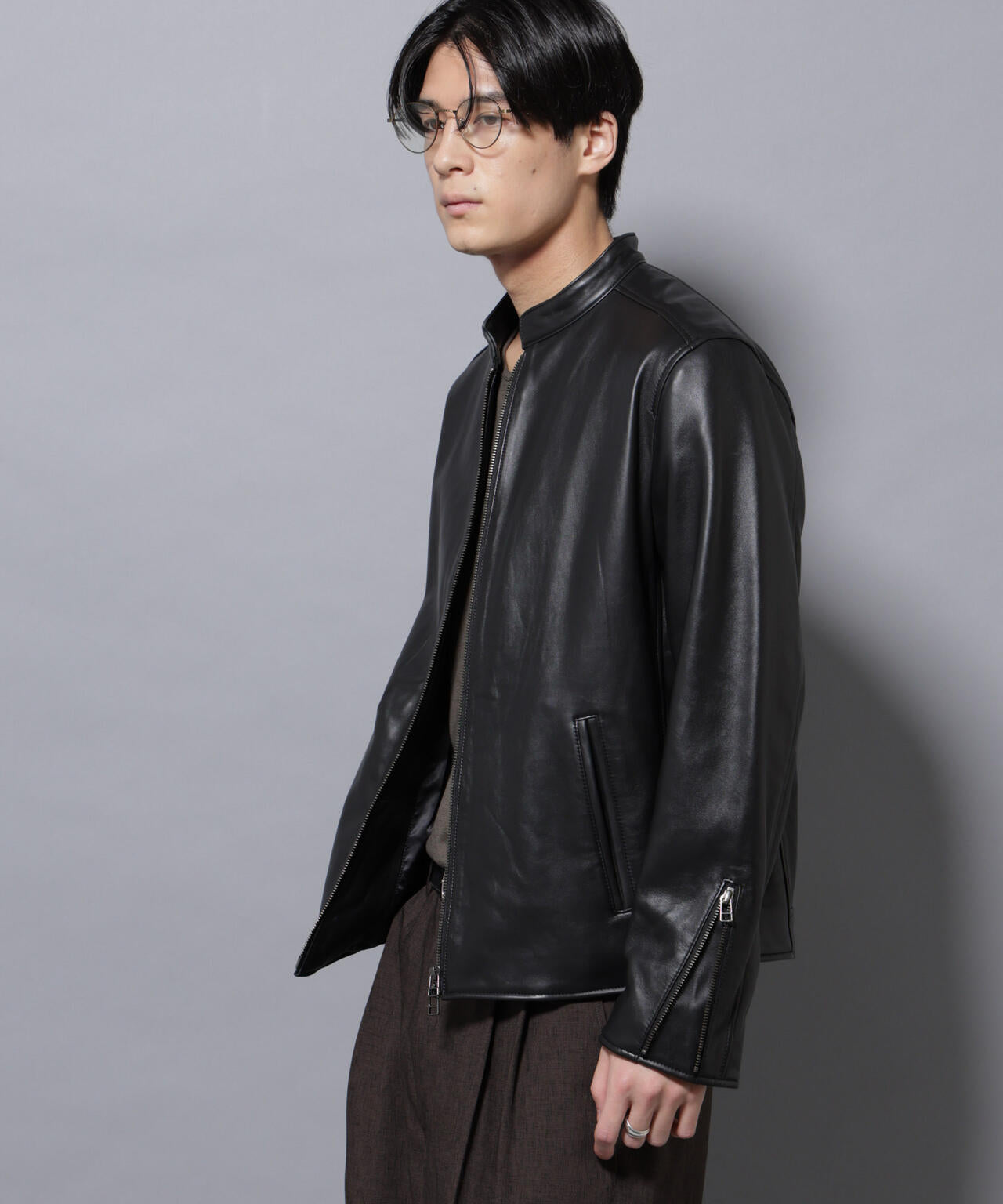 バンドカラー レザー シングルライダースジャケット