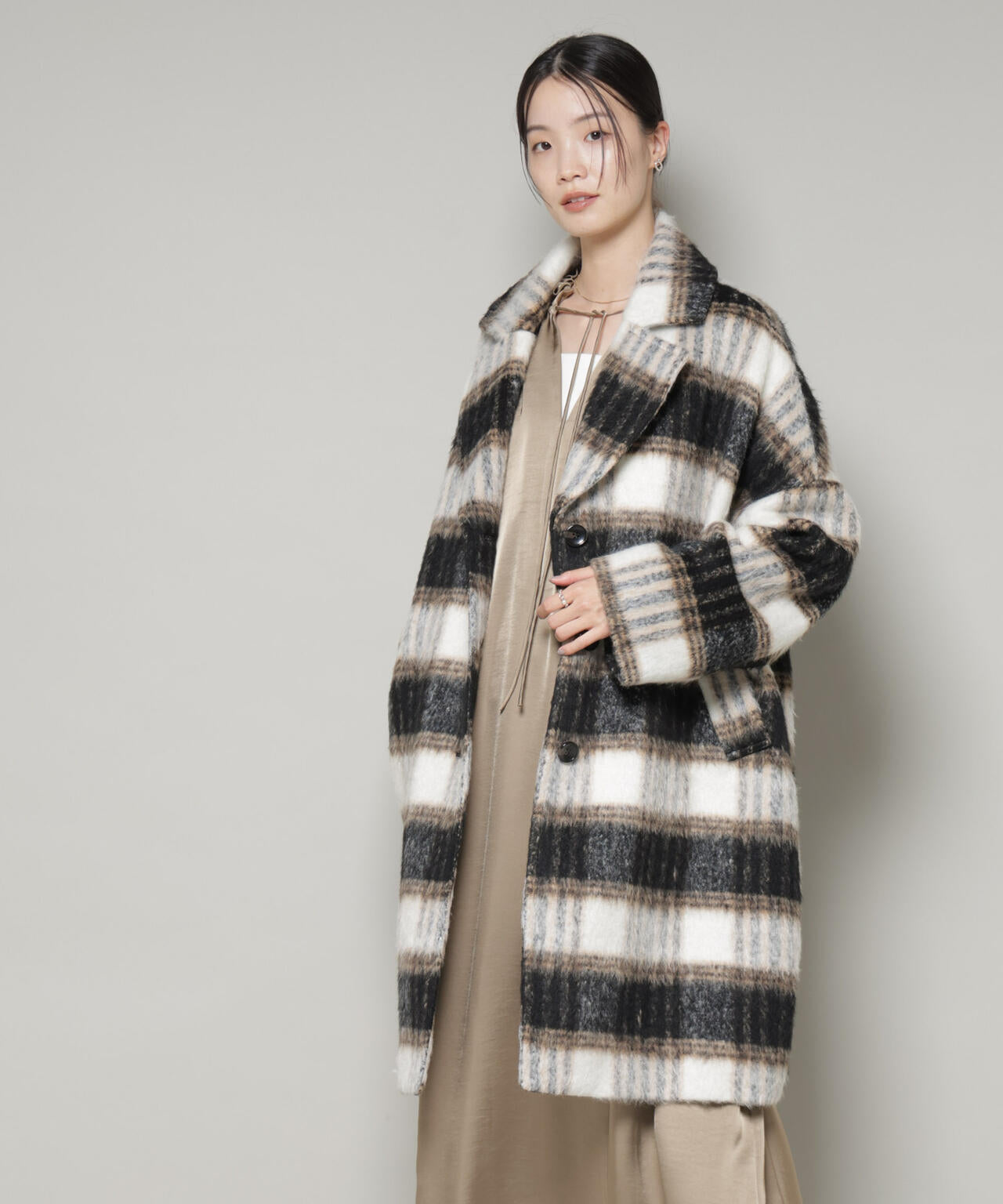 シャギー チェック コート