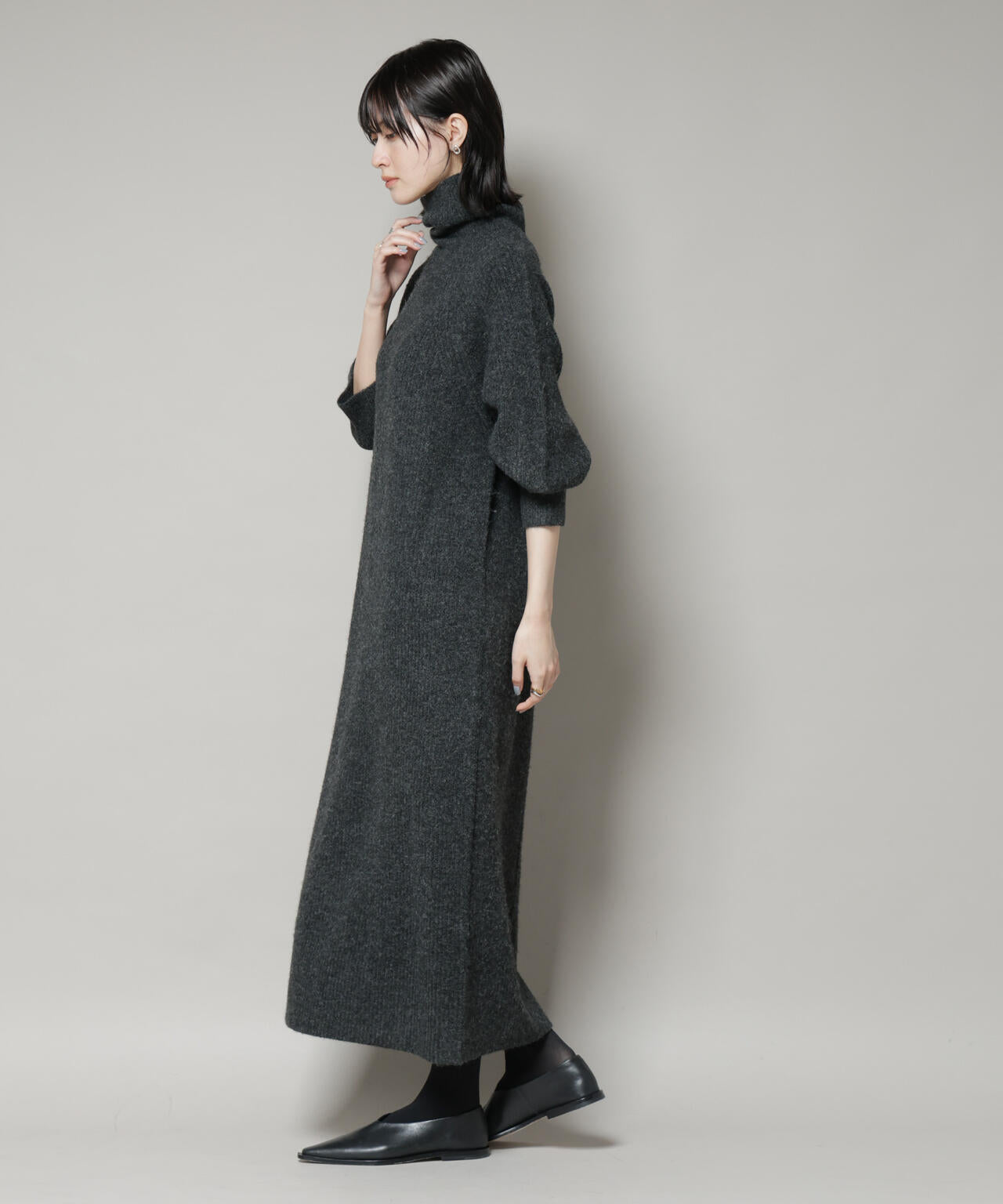 エアリーヤーン 畦編 タートル ニット マキシ ワンピース