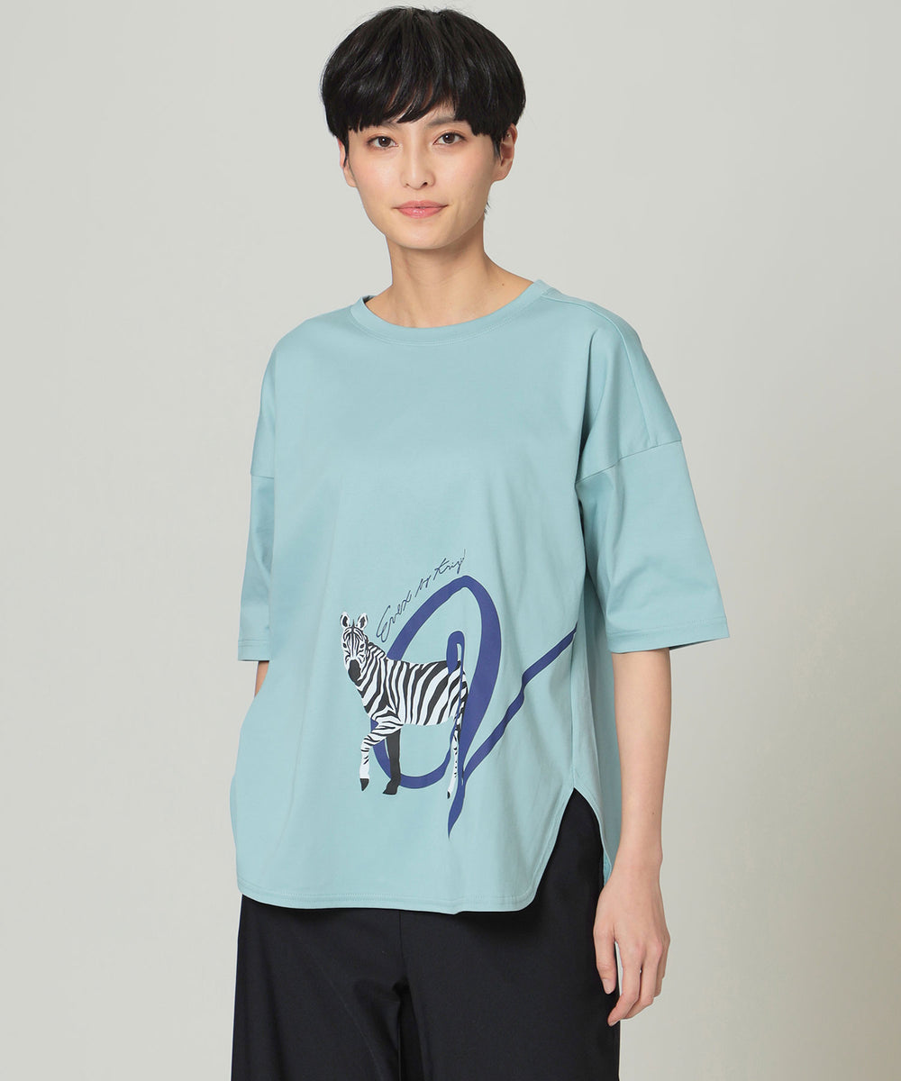 L】【ウォッシャブル】イニシャルアニマルプリントTシャツ(トップス