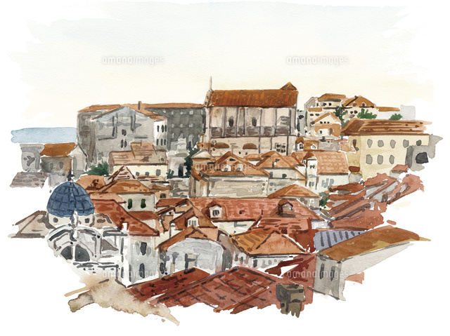 水彩スケッチ 城壁よりドブロブニク旧市街[02488000044]の写真