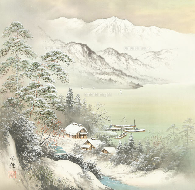 水墨画 雪景色 山水画 日本画 冬・梅 2点セット 水墨画 雪景色 山水画
