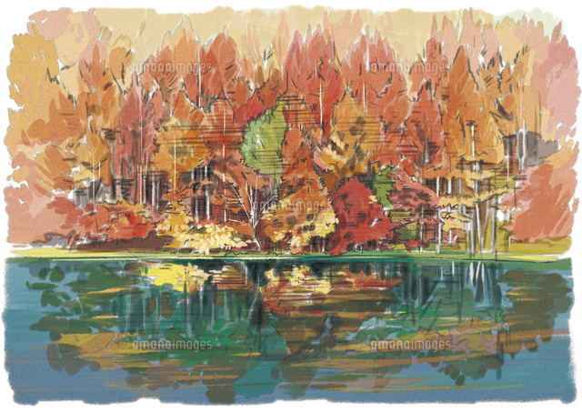 水彩画・風景画・紅葉'長野県のある秋の風景