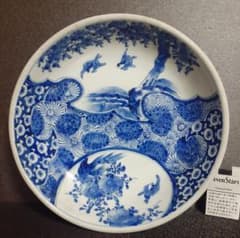 江戸時代後期 古伊万里 染付 雀に花の図 34.3cm 大鉢 盛り鉢 飾り皿