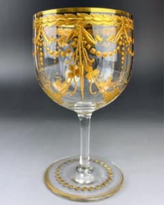 19世紀 アンティーク ベネチアガラス 金 エナメル彩 然文 緑色 八角 グラス