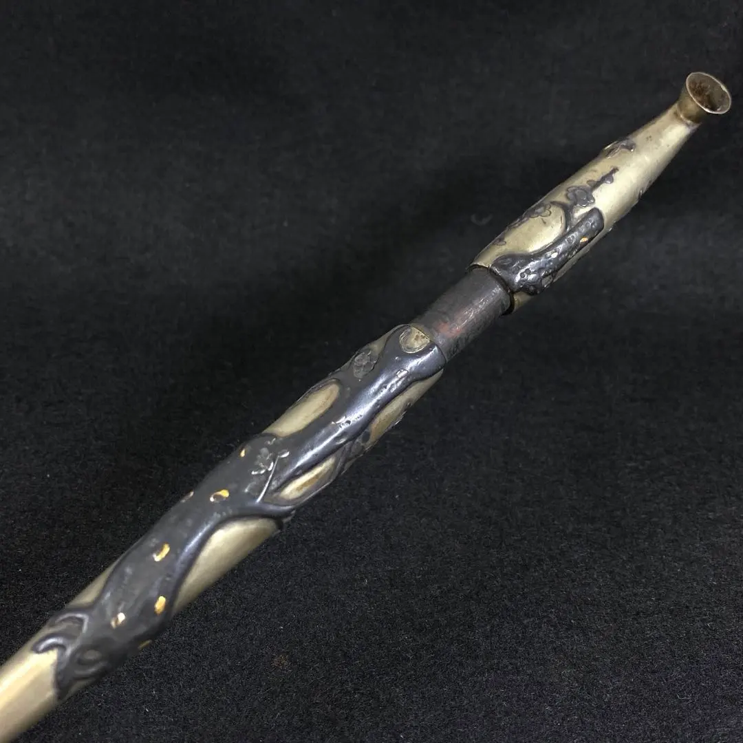 煙草下物「金銀色絵象嵌武者絵」加藤清正十字槍高彫純銀キセル水晶玉