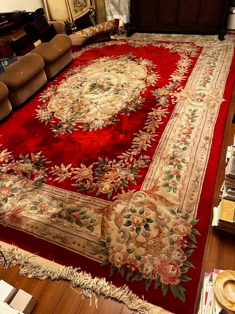 綺麗なワインレッド緞通段通絨毯肉厚花柄房有272cm× 372cm
