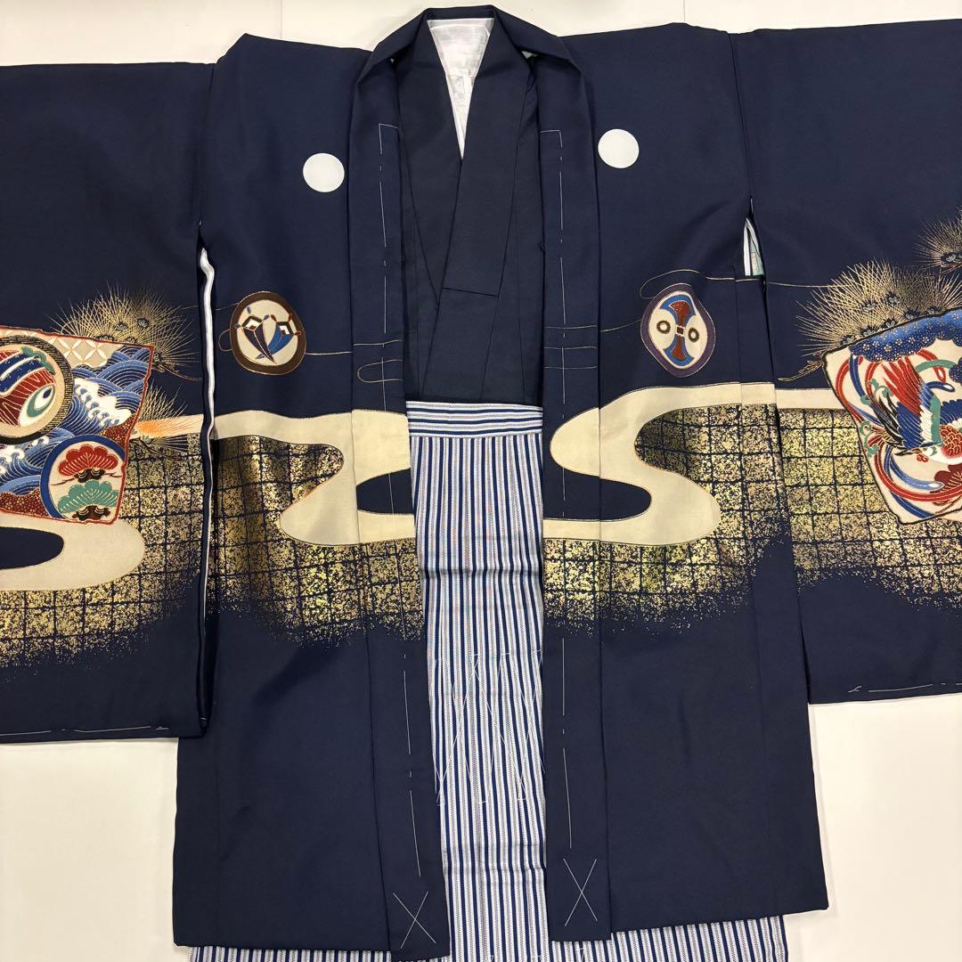 七五三　3歳男の子　着物・袴セット　紺系　五つ紋　富士山　兜　日本製　新品