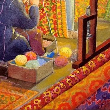 絵画「シルクロード～ 絨毯を織る少女」　水彩画