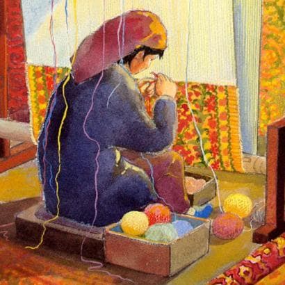 絵画「シルクロード～ 絨毯を織る少女」　水彩画