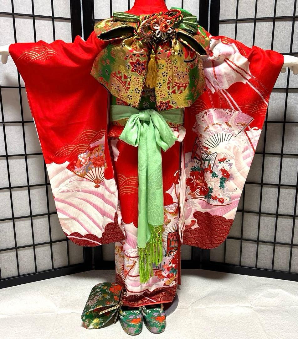 七五三　着物セット　7歳　正絹　古典柄　赤色