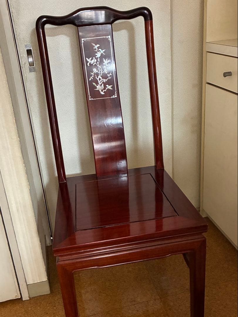 ≪引き取り限定≫円形木製中華テーブル 花模様インレイ　椅子セット(5脚)