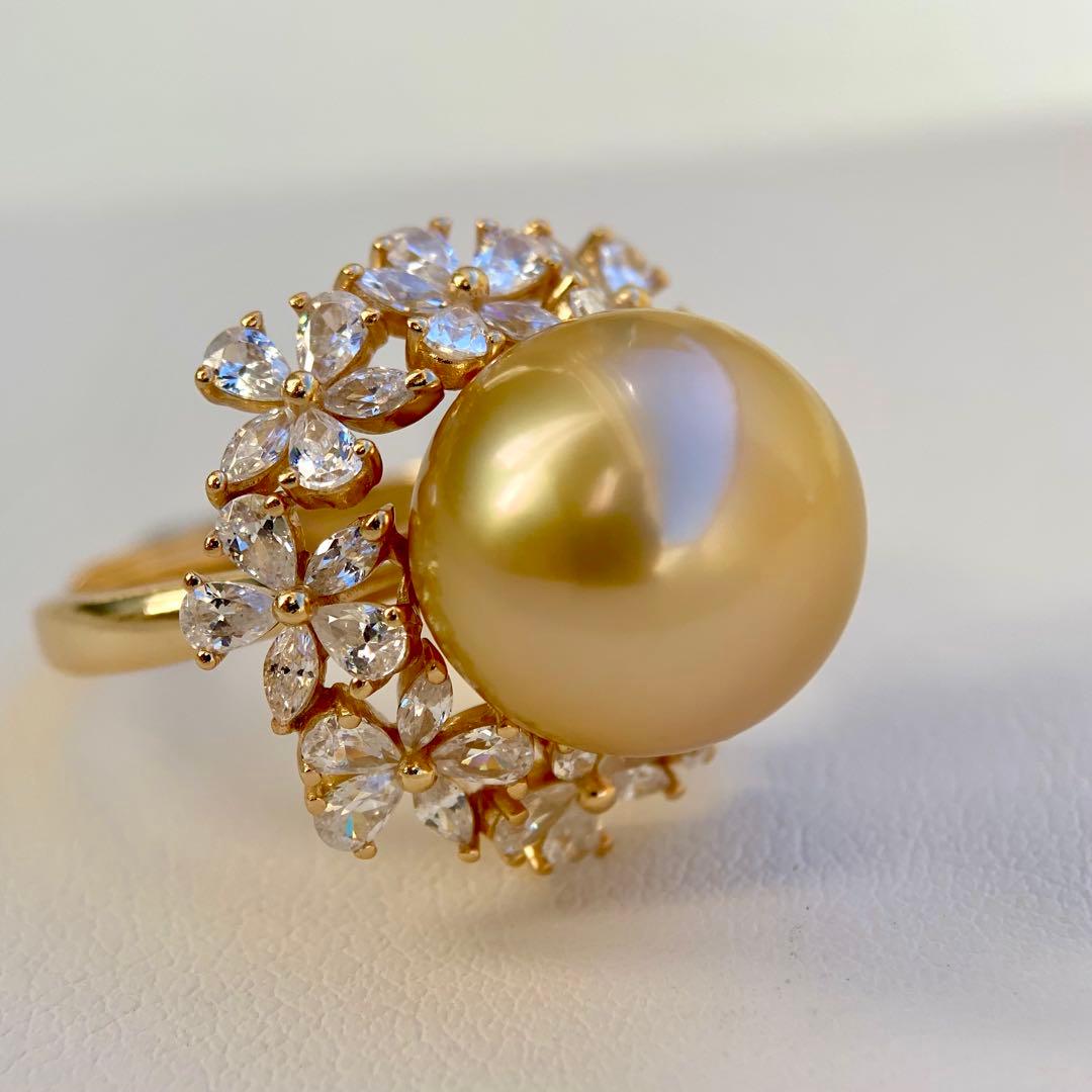 本真珠南洋白蝶真珠　茶金12.9㍉花モチーフs925リングY1018