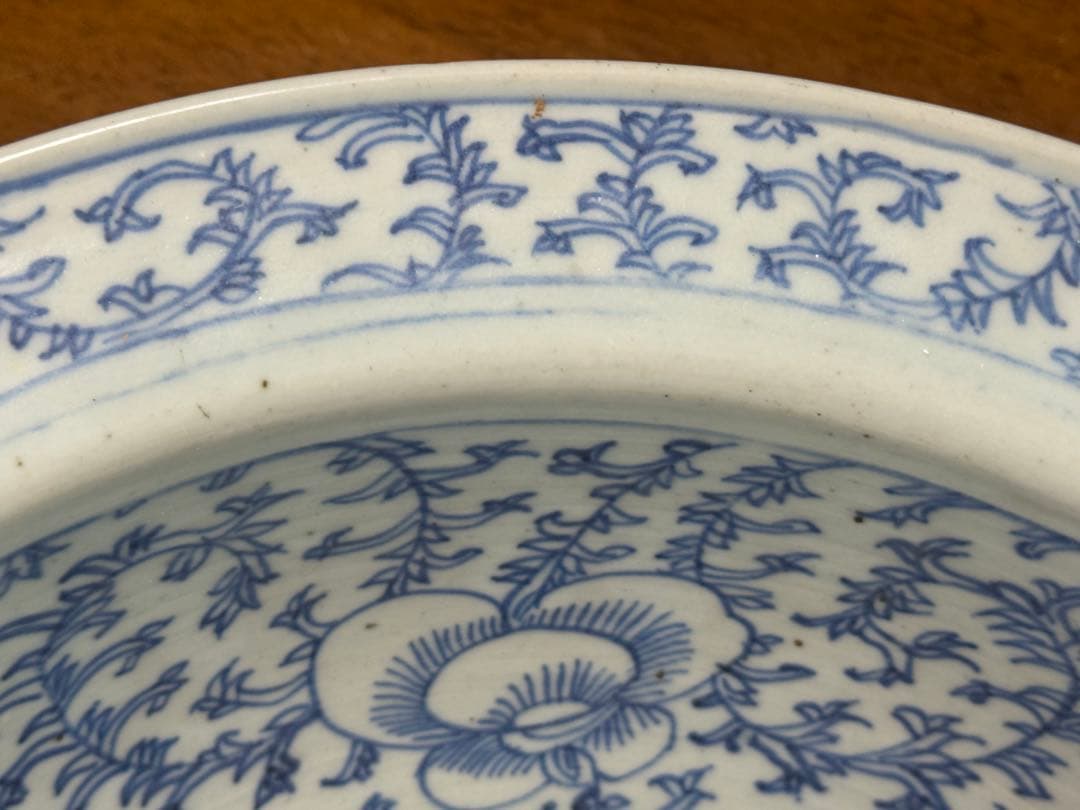 中国　清時代　染付纏枝蓮紋面盆　W36.7cm アンティーク　送料込み1111