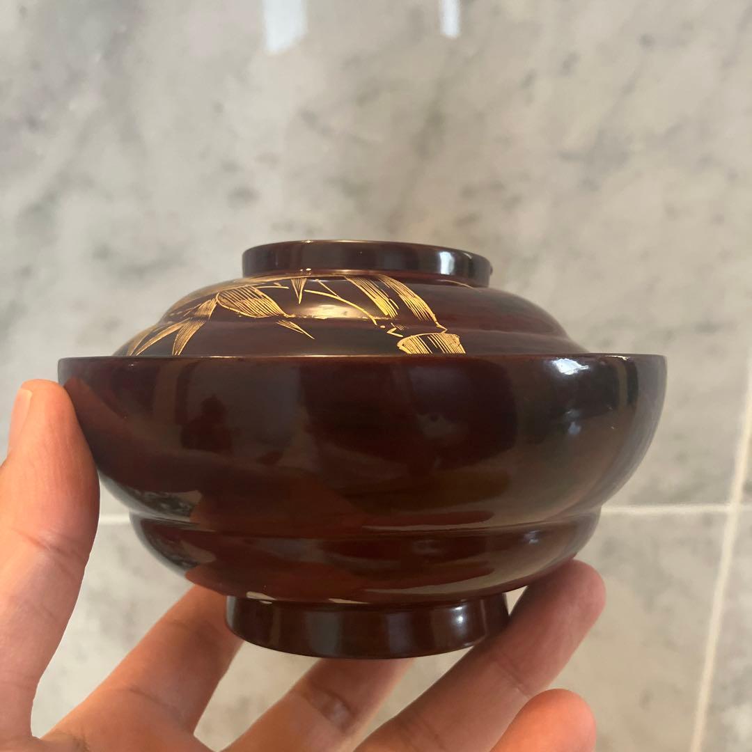 アンティーク大正時代 金彩のスズメや上品な竹が美し過ぎる木製輪島