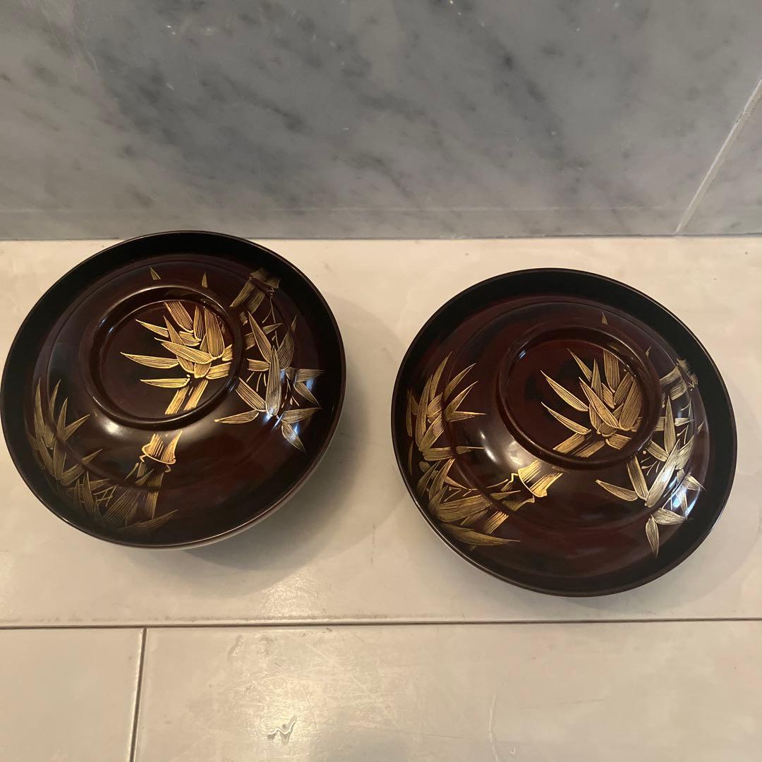 アンティーク大正時代 金彩のスズメや上品な竹が美し過ぎる木製輪島