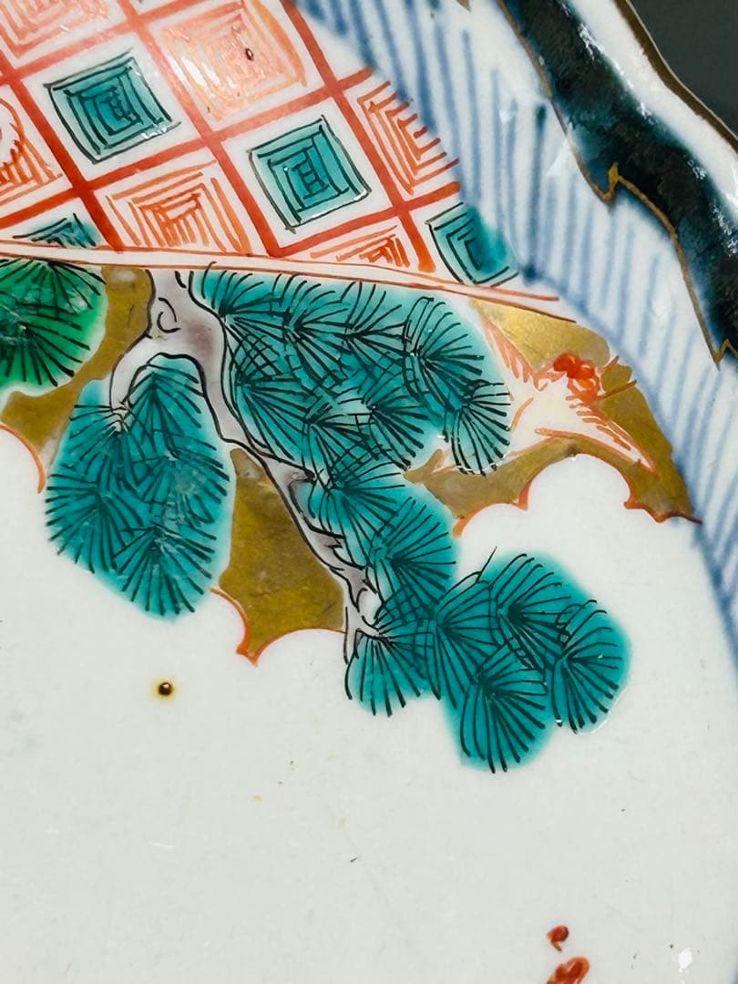 古伊万里 色絵 金襴手 松竹梅 鶴 輪花 七寸皿 5枚 21.5㎝ 窓絵 帆舟の