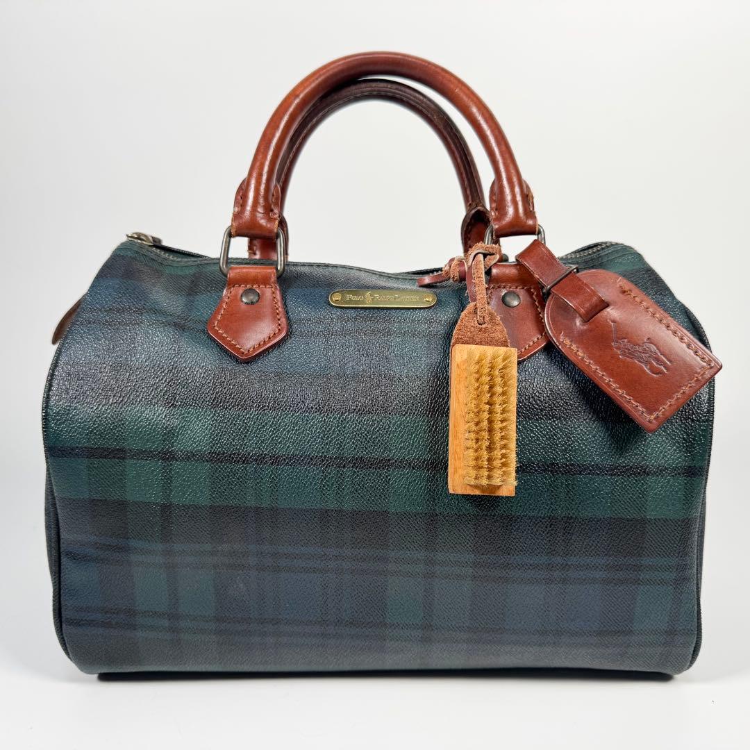 ラルフローレン ミニボストンバッグ ブラックウォッチ チェック グリーン レザー